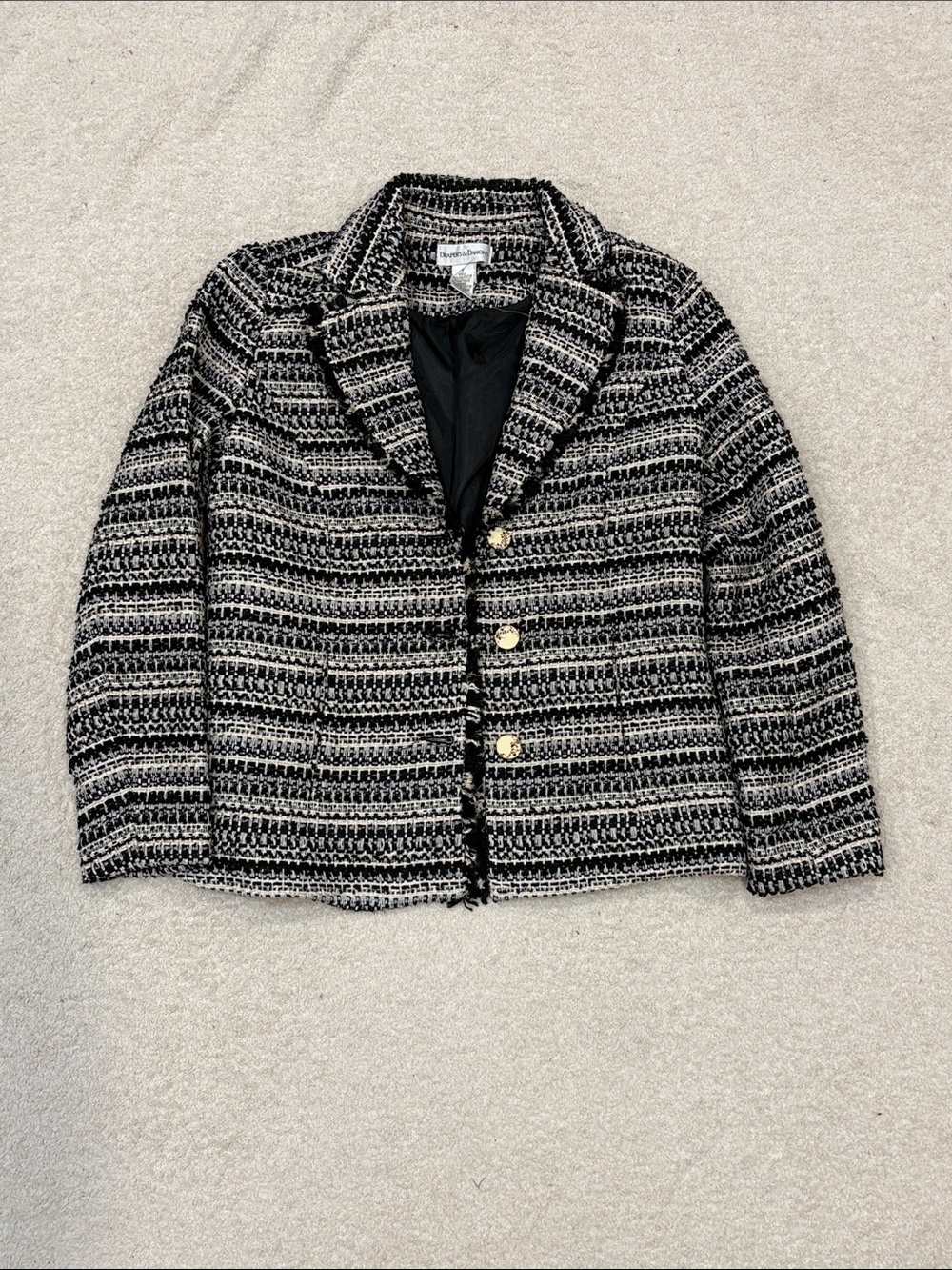 Women’s Black & White Tweed Blazer with Gold Buttons